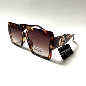 New Original TRUE RELIGION Square Sunglasses Oversized Tortoise Shell Gold Logo